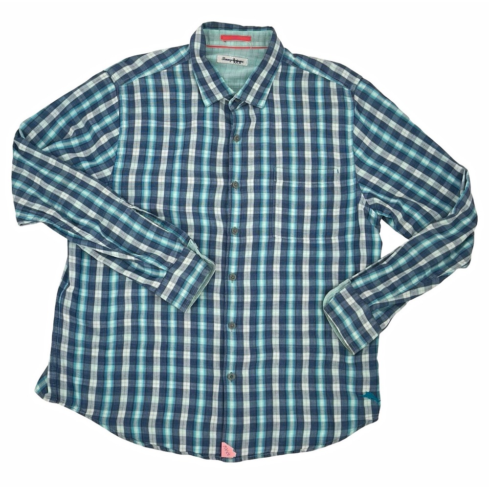 Tommy Bahama Men's L/XL Blue Plaid Cotton Woven Button-Up Shirt Embroidered